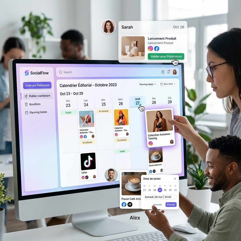 Équipe utilisant Publio pour planifier leurs réseaux sociaux